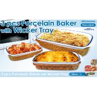 3pcs Porcelain Baker with Wicker Tray